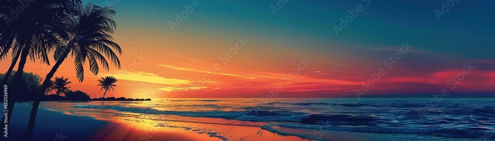 Obraz premium An enchanting beach scene at dusk, featuring palm trees silhouetted against a colorful sunset sky