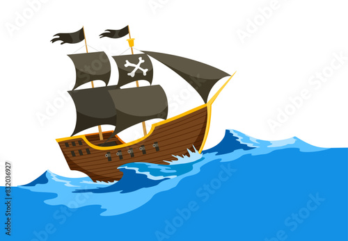 Pirate board game element, ship. Design element to create game or illustration. Fantasy area items. Vector cartoon colored hand drawn illustration