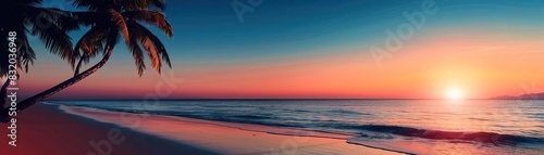 An enchanting beach scene at dusk  featuring palm trees silhouetted against a colorful sunset sky