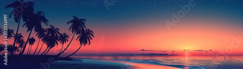 An enchanting beach scene at dusk, featuring palm trees silhouetted against a colorful sunset sky © Fay Melronna 