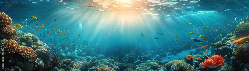 Naklejka premium An enchanting scene of the ocean's surface meeting the underwater world, with sunlight penetrating the clear water, illuminating schools of fish and vibrant coral