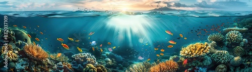 An enchanting scene of the ocean's surface meeting the underwater world, with sunlight penetrating the clear water, illuminating schools of fish and vibrant coral photo