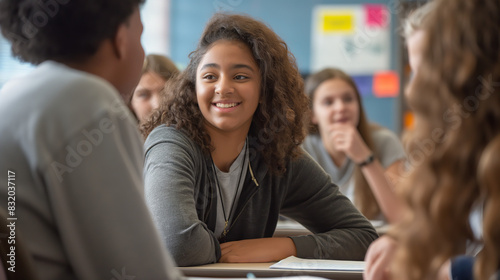 A female student with blurred face is deeply engrossed in a classroom discussion among peers