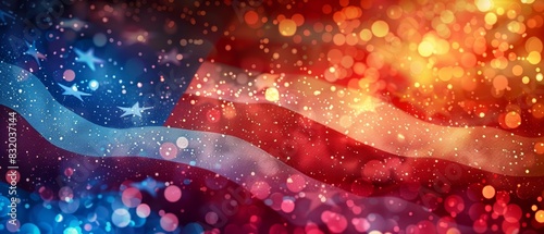Colorful abstract representation of the American flag with vibrant red, white, and blue bokeh lights. Perfect for patriotic and celebratory themes. photo