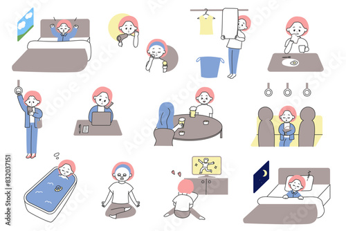 ひとり暮らしの女性の1日の流れのイラストセット
