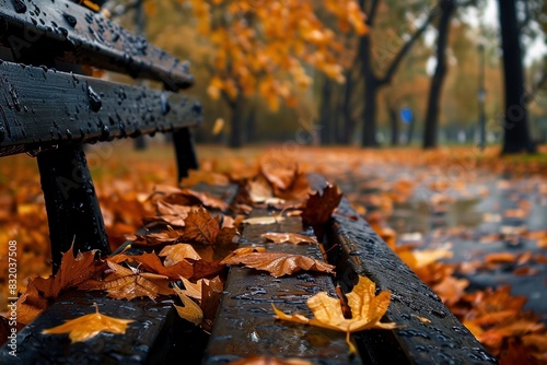 Laub im Herbst auf einer Parkbank an einem regnerischen Tag  photo