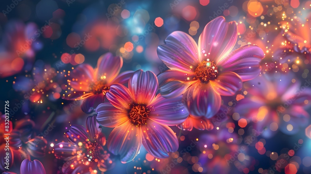 Surreal Neon-Hued Digital Floral Landscape with Sparkling Dewdrops Reminiscent of a Dreamy CG 3D Scene Surreal Neon-Hued Digital Floral Landscape with Sparkling Dewdrops Reminiscent of a Dreamy CG 3D Scene