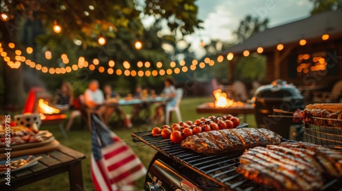 Backyard barbecue with meats on the grill and friends gathered at a table, festive lights creating a warm and inviting atmosphere.