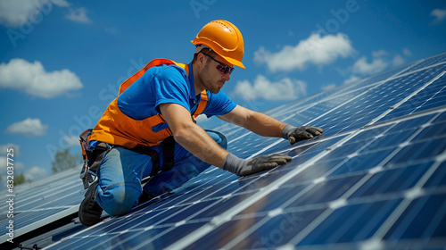 Solar power engineer installing solar panels, on the roof, electrical technician at work, alternative renewable green energy generation concept