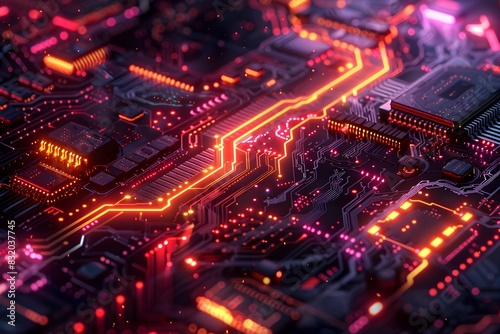Intricate Neon-Lit Circuit Patterns Depicting a Cutting-Edge Futuristic Technology Landscape © TEERAWAT