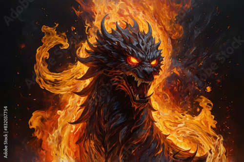 A majestic dragon with flames engulfing its face  exuding an aura of power and intensity. A monster amidst a blazing inferno.