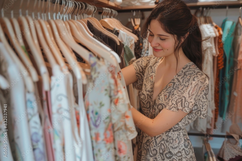 Woman choosing dress from clothes rack in store Woman choosing dress from clothes rack in store