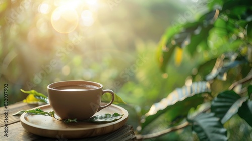 Cup of tea or coffee on wooden plate with blurred coffee tree plantation background and sunlight