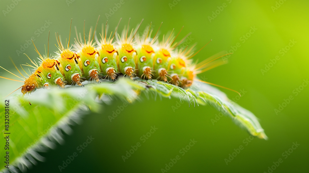 A large, hairy caterpillar with orange spots and yellow dots is crawling on a leaf. The caterpillar is surrounded by green leaves, which give the image a peaceful and natural feel A large, hairy caterpillar with orange spots and yellow dots is crawling on a leaf. The caterpillar is surrounded by green leaves, which give the image a peaceful and natural feel