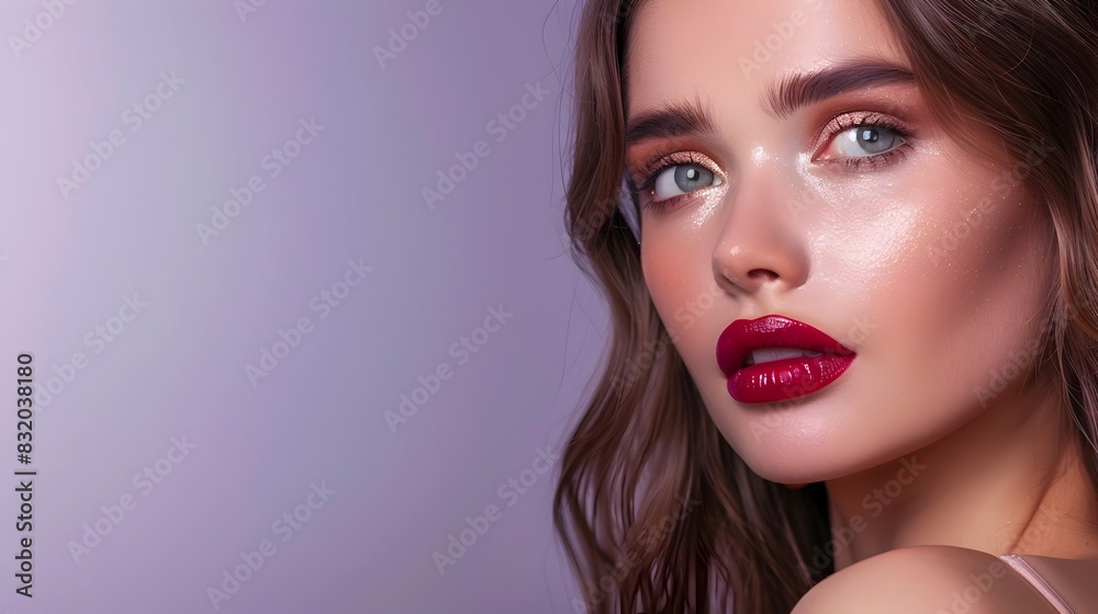 Professional Makeup Look Model Showcases Decorative Cosmetics on Lavender Backdrop Professional Makeup Look Model Showcases Decorative Cosmetics on Lavender Backdrop