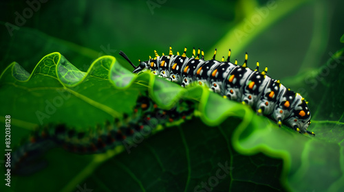 A large, hairy caterpillar with orange spots and yellow dots is crawling on a leaf. The caterpillar is surrounded by green leaves, which give the image a peaceful and natural feel photo