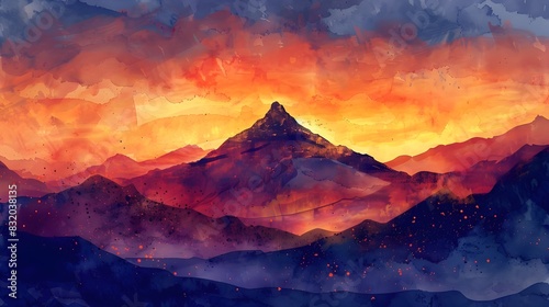 Majestic Mountain Peak Aglow in Vibrant Watercolor Sunrise Sky