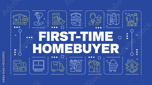 First-time homebuyer dark blue word concept. Home purchase. Real estate market. Property investment. Horizontal vector image. Headline text surrounded by editable outline icons. Hubot Sans font used