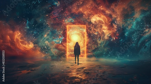 A silhouette of a person standing in front of a shimmering portal, representing the uncertainty and infinite possibilities of time travel. photo