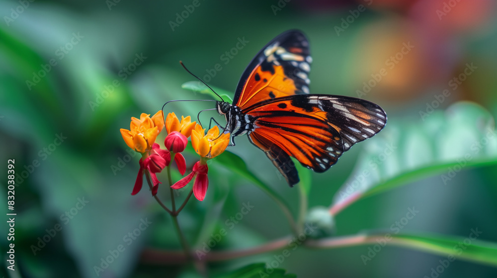 Fototapeta premium A butterfly is eating a flower. The butterfly is black and white. The image has a peaceful and calming mood