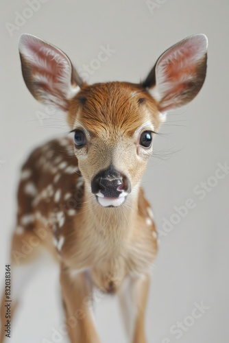 A baby deer with big eyes standing on a simple whi 2 3