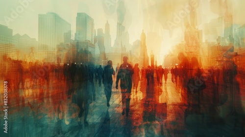 A blurred image of historical figures mingling with modern cityscapes, suggesting the blending of past and present caused by time travel disruptions. photo