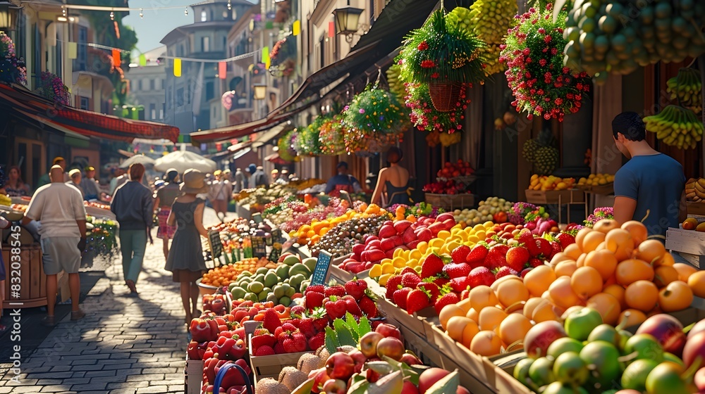 Lively and Vibrant Summer Marketplace Bustling with Diverse Vendors Offering Colorful Produce and Flowers