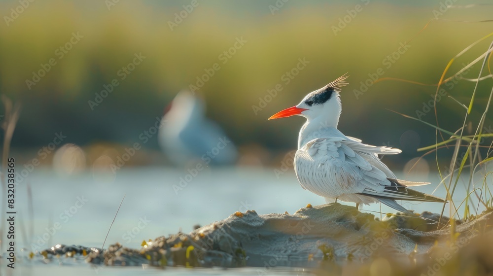 Fototapeta premium Caspian Tern grooming near a sandy shore with a fairy tern in the distance