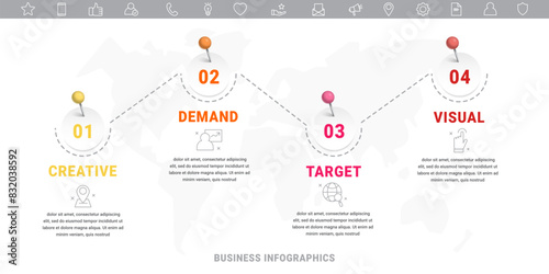 Business infographic timeline with 4 paths and circles. Modern timeline with four steps, options, and processes. Presentation infographics template