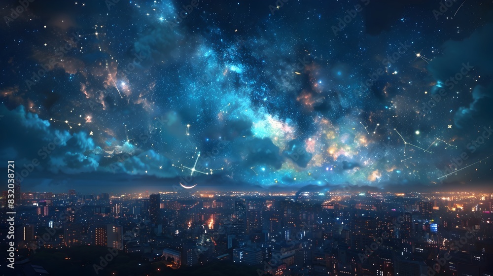 Obraz premium Breathtaking Cityscape Under a Shimmering Night Sky Ablaze with Constellations