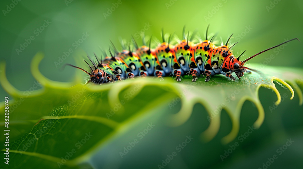 A large, hairy caterpillar with orange spots and yellow dots is crawling on a leaf. The caterpillar is surrounded by green leaves, which give the image a peaceful and natural feel A large, hairy caterpillar with orange spots and yellow dots is crawling on a leaf. The caterpillar is surrounded by green leaves, which give the image a peaceful and natural feel