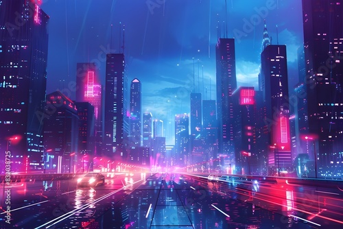 Futuristic Cityscape at Dusk with Towering Neon-Lit Glass Skyscrapers and Shadowy Skyline