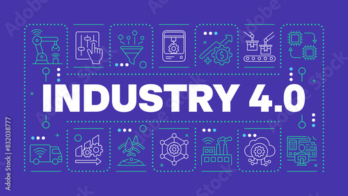 Industry 4 dark blue word concept. Fourth industrial revolution. Digital transformation. Horizontal vector image. Headline text surrounded by editable outline icons. Hubot Sans font used