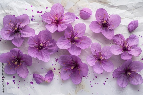 A collection of purple blossoms arranged together on pristine white paper, accented by random paint splatters
