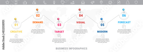 Business infographic timeline with 6 paths and circles. Modern timeline with six steps, options, and processes. Presentation infographics template