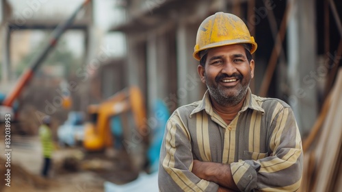 Pakistani Construction Worker Smiling, Wearing a Hard Hat, at Building Site - Representation of Labor Diversity in Urban Development