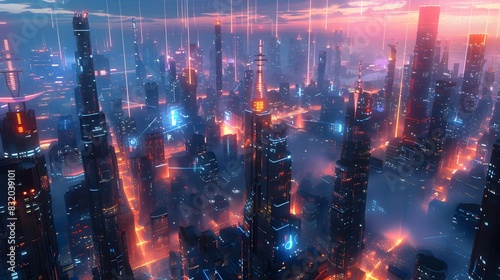 Futuristic Cityscape with Sleek Skyscrapers and Glowing Neon Grid in Aerial View Symbolizing Innovation and Progress