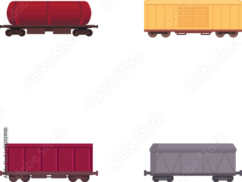 Collection of four isolated vector illustrations of colorful freight train carriages