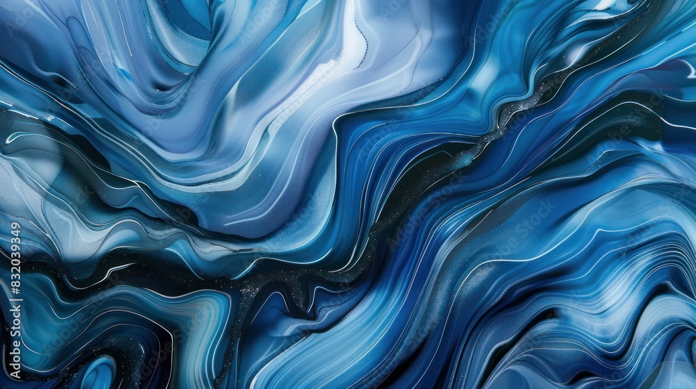 Obraz premium Blue Swirls: Abstract liquid waves in metallic blue and gold hues create a mesmerizing backdrop with intricate patterns and reflections