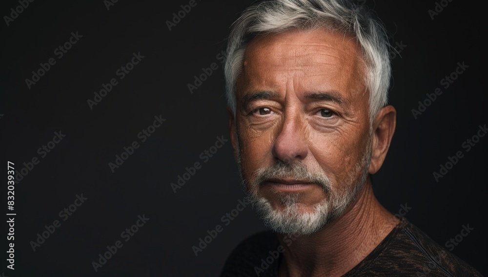 Obraz premium Portrait of a handsome mature man with grey hair and a short beard on a black background. handsome mature businessman standing alone against a grey background in the studio