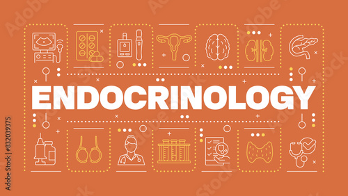 Endocrinology dark orange word concept. Endocrine system checkup. Diabetes management. Horizontal vector image. Headline text surrounded by editable outline icons. Hubot Sans font used
