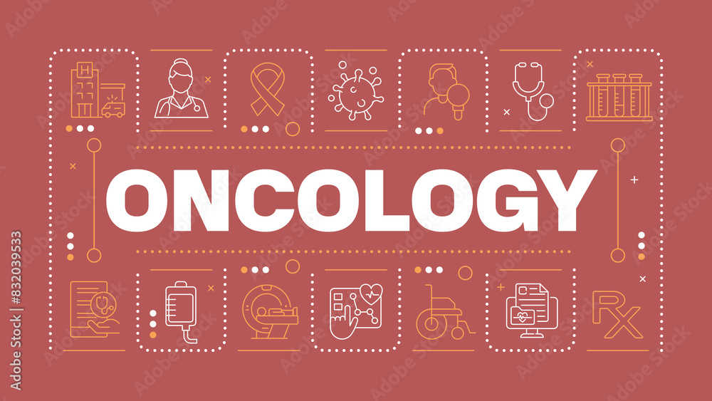 Oncology red word concept. Cancer diagnostic and treatment. Chemotherapy. Medical care. Horizontal vector image. Headline text surrounded by editable outline icons. Hubot Sans font used Oncology red word concept. Cancer diagnostic and treatment. Chemotherapy. Medical care. Horizontal vector image. Headline text surrounded by editable outline icons. Hubot Sans font used