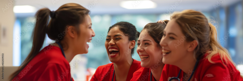 Healthcare workers converse in a clinical setting, with one looking directly at the camera Healthcare workers converse in a clinical setting, with one looking directly at the camera