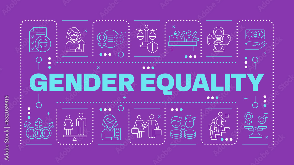 Gender equality bright purple word concept. Workplace diversity. Equal opportunities and rights. Horizontal vector image. Headline text surrounded by editable outline icons. Hubot Sans font used
