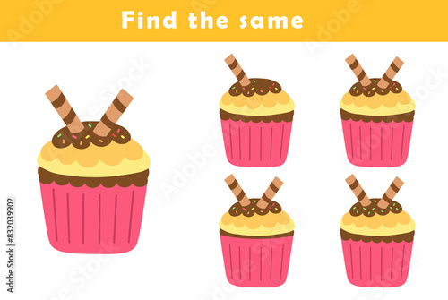 Find same picture worksheet for kids. Worksheet for kids kindergarten  preschool and school age. Education game for children with cute cupcake illustration.