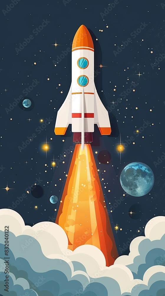 Illustration of a rocket launching into space with stars and planets in the background, depicting an exciting space exploration theme. Illustration of a rocket launching into space with stars and planets in the background, depicting an exciting space exploration theme.