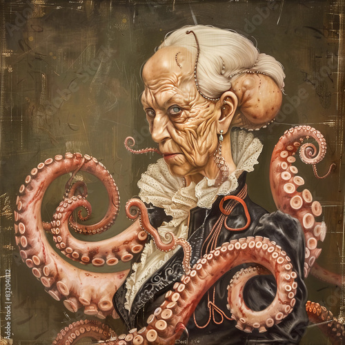 Octopus Teacher Painting.  Generated image.  A digital painting of a surreal, horrific scene with an octopus teacher in a classroom. photo