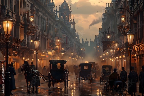 Bustling Victorian-Era Street Scene with Horse-Drawn Carriages and Gaslit Lamps