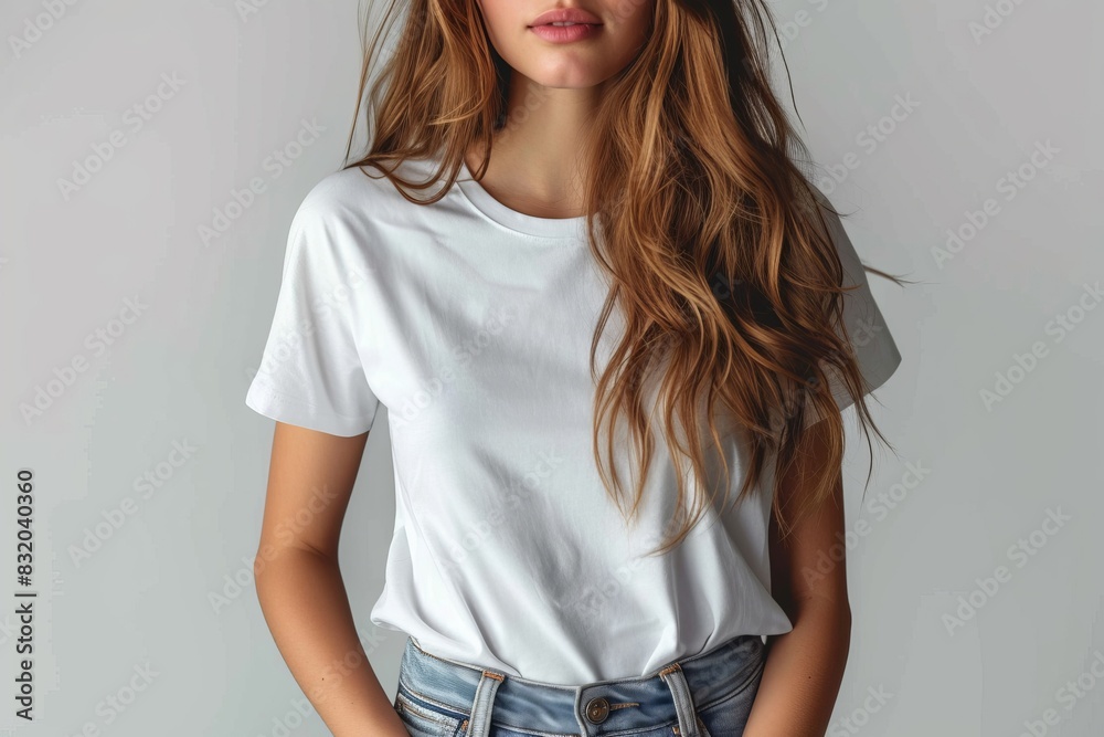 A young woman in a white t shirt on a white background. A young woman in a white t shirt on a white background.