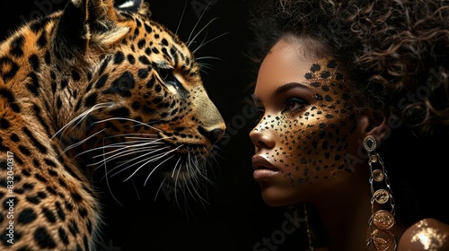 woman in leopard makeup next to a leopard photo